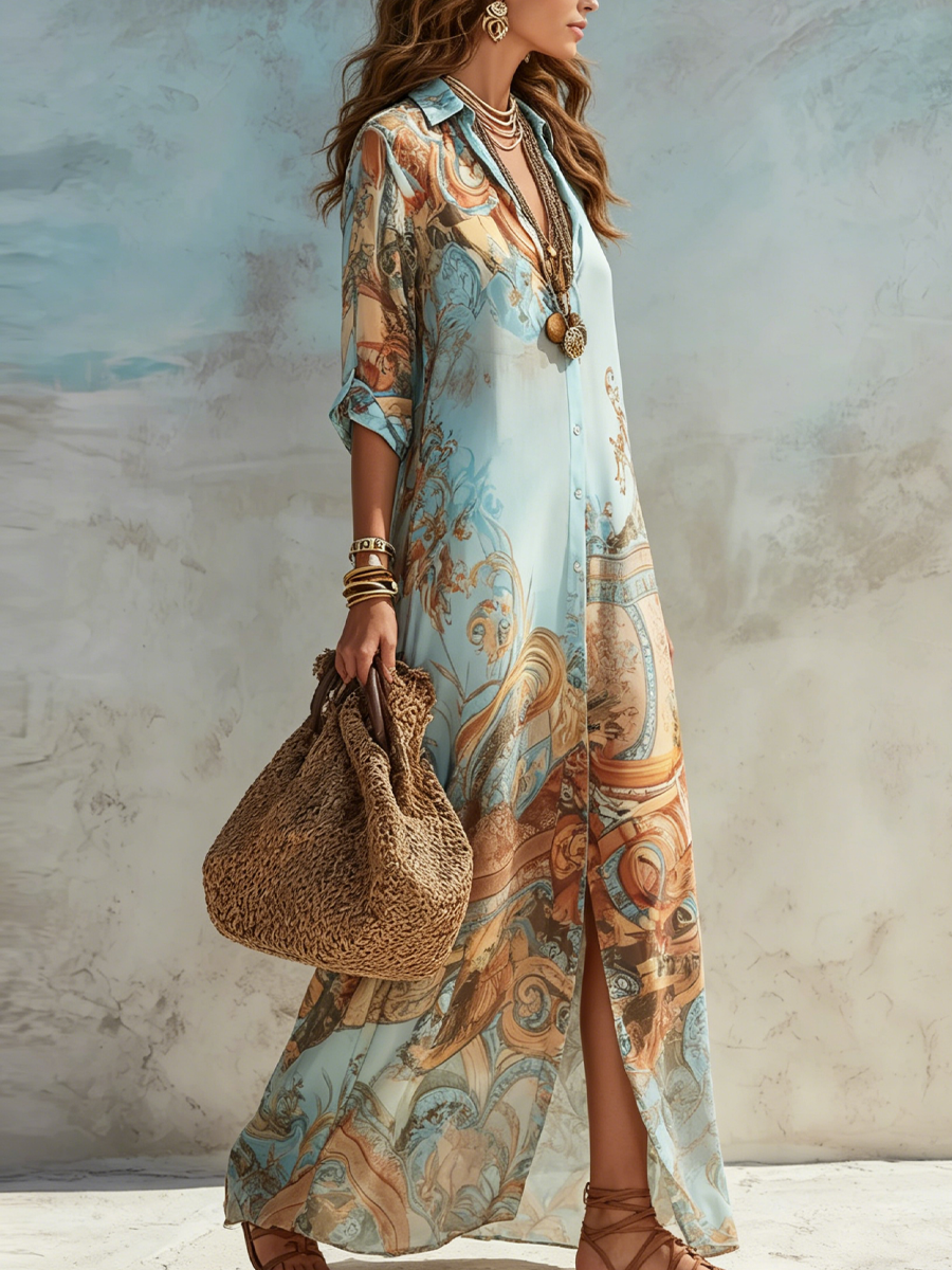 Anna-Berg | Timeless Blue Baroque Floral Chiffon Maxi Dress