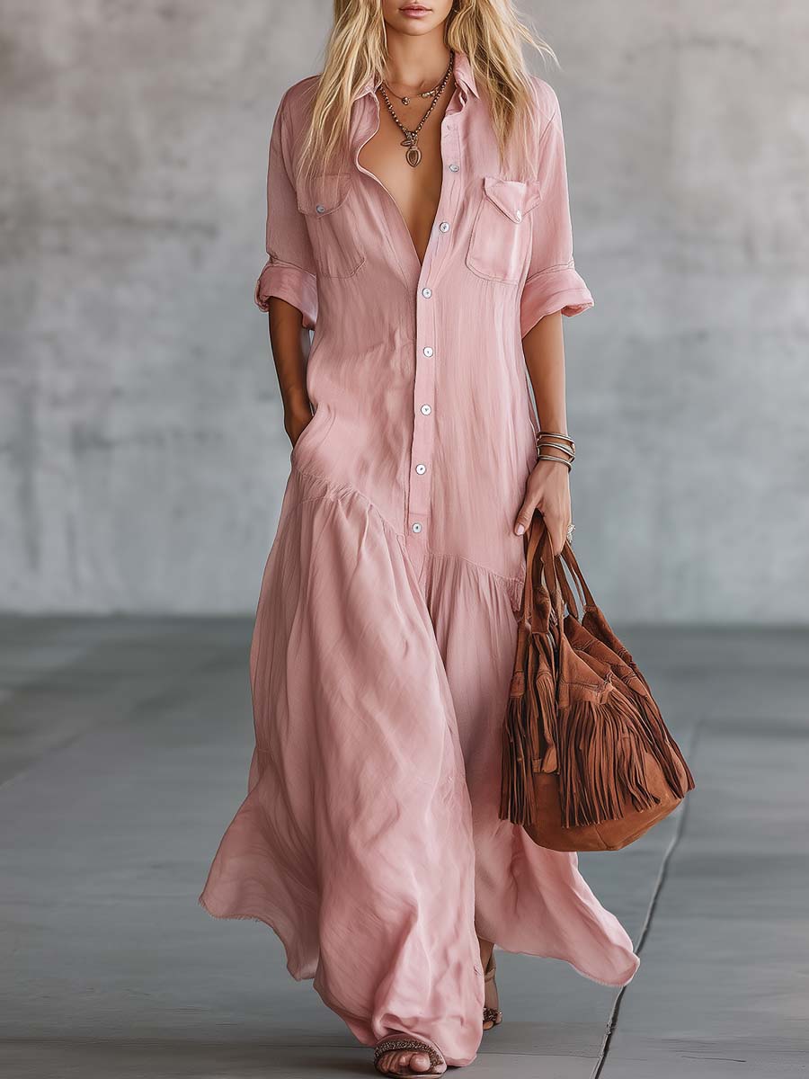 Anna-Berg | Pink Linen V-Neck Casual Dress