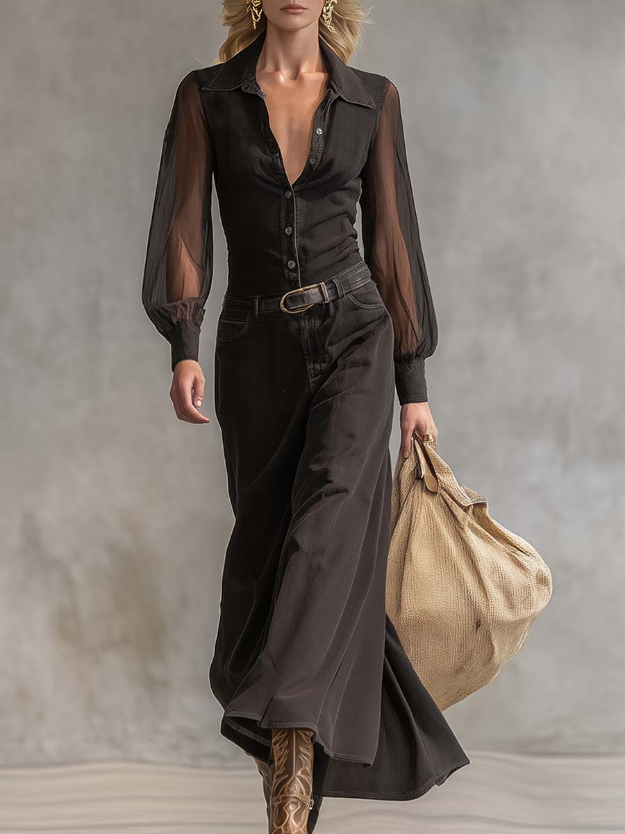 Anna-Berg | Black Denim V-Neck Casual Dress