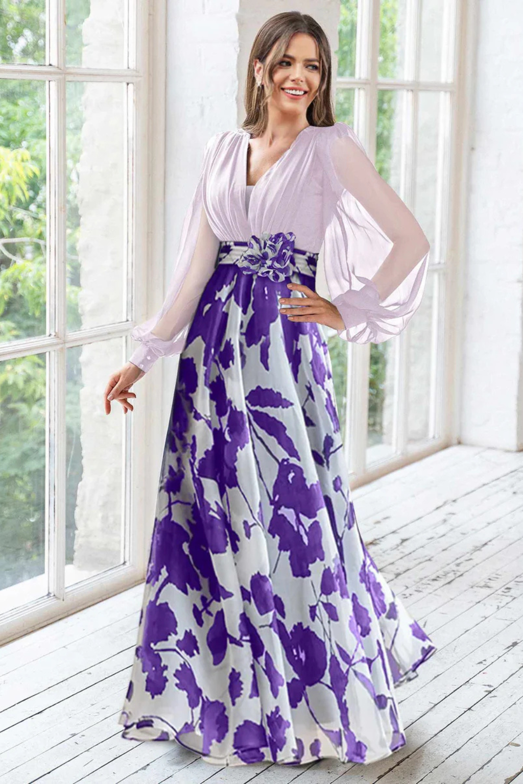 Anna-Berg | V Neck Balloon Sleeve Floral Dress