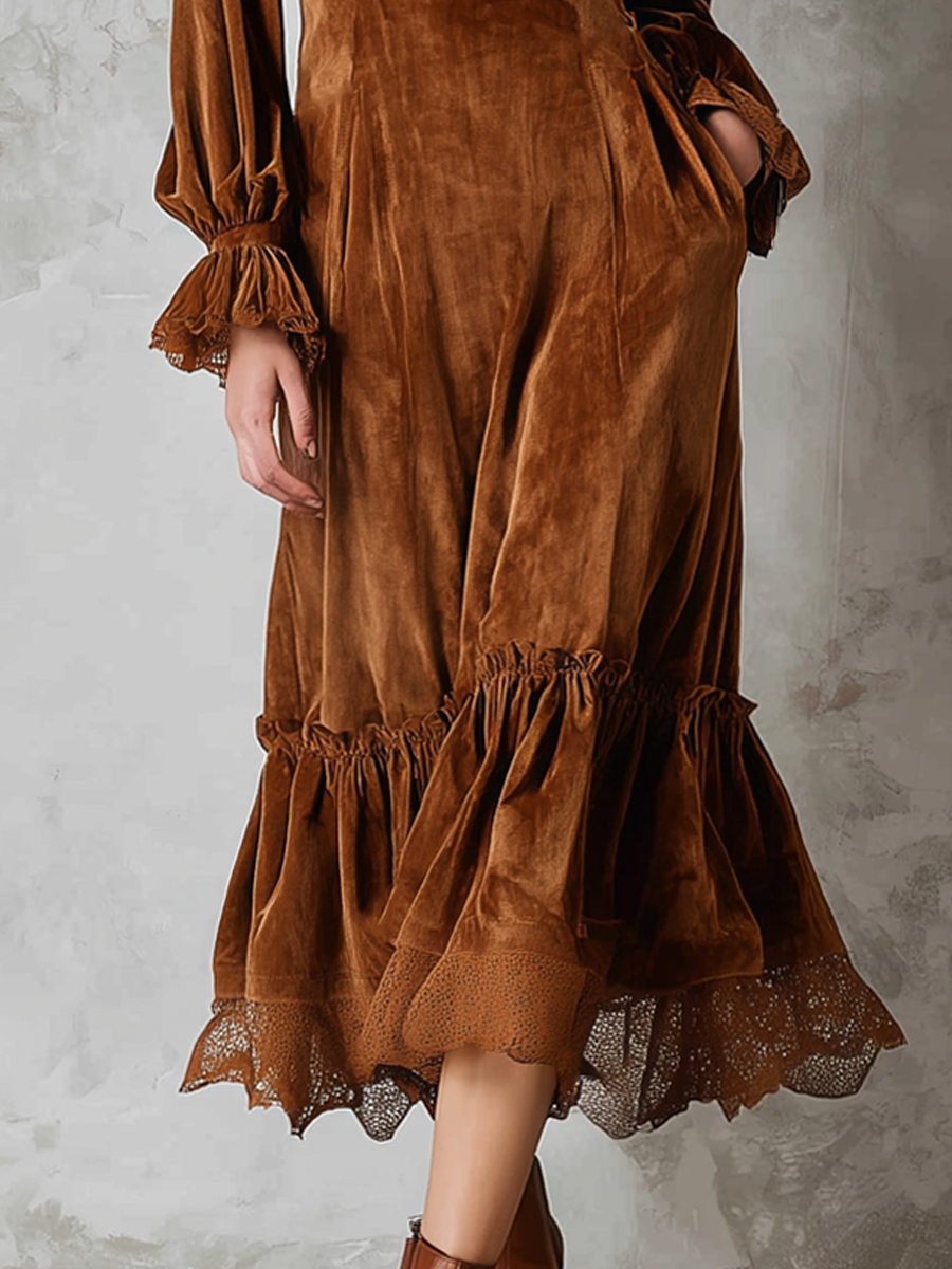 Anna-Berg | Retro Ruffle Neck Lace Trim Dress