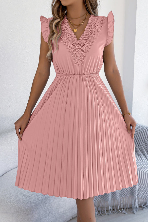 Anna-Berg | Solid Color V-Neck Lace-Trimmed Sleeveless Dress