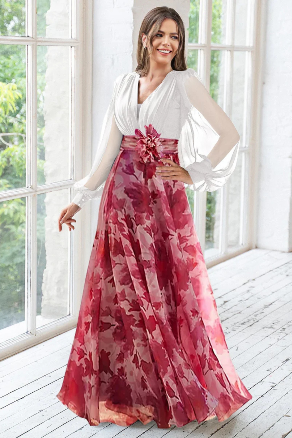 Anna-Berg | V Neck Balloon Sleeve Floral Dress