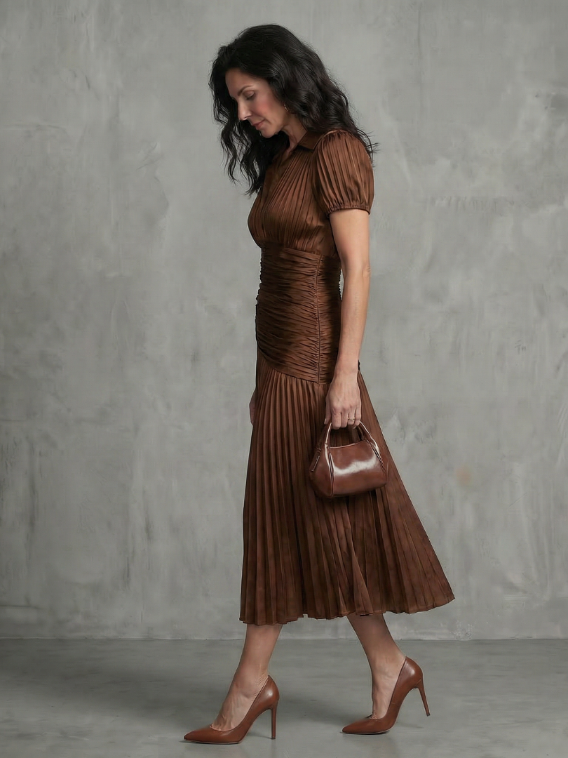 Anna-Berg | Flowing Pleated Waistline Stripe Midi Dress
