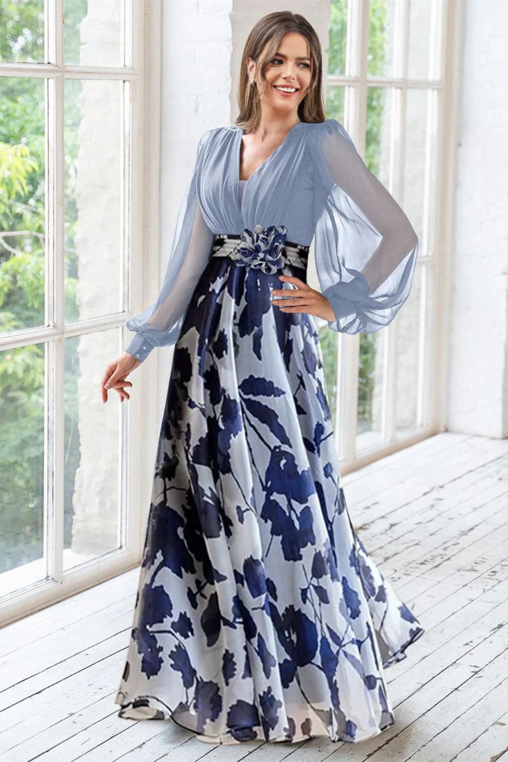Anna-Berg | V Neck Balloon Sleeve Floral Dress