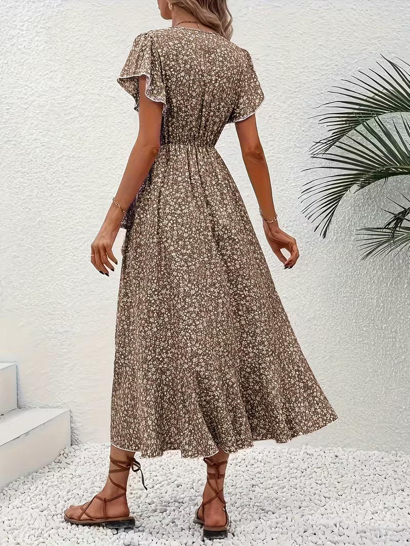 Anna-Berg | Timeless Floral Wrap Midi Dress With Ruffle Sleeves And Asymmetric Hem
