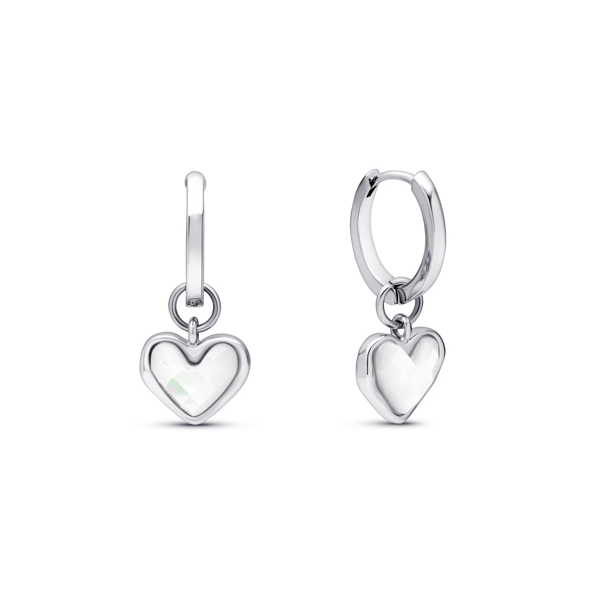 White Quartz Heart Huggie Earrings (Silver)