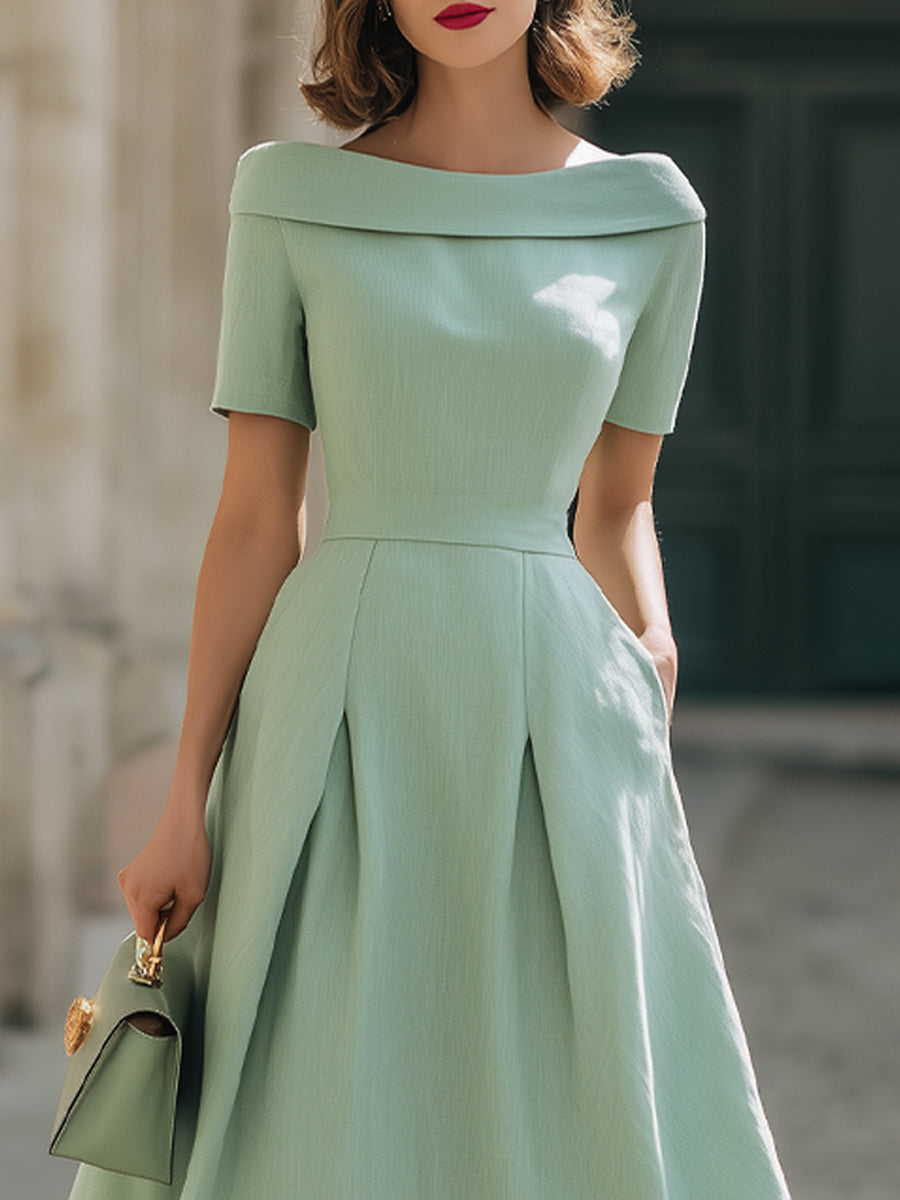 Anna-Berg | Mint Green Off-Shoulder Short Sleeve Fit-and-Flare Midi Dress With Pockets