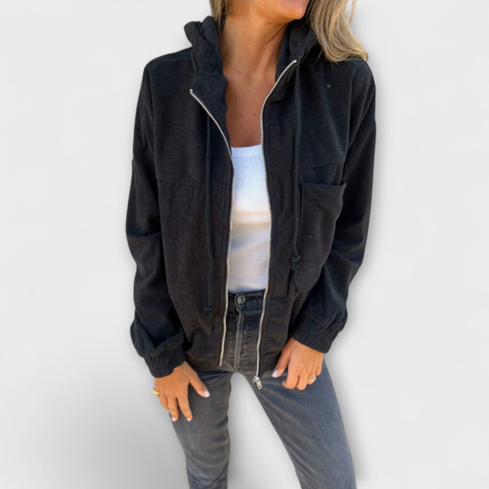 Anna-Berg | Corduroy Zip-Up Hooded Jacket