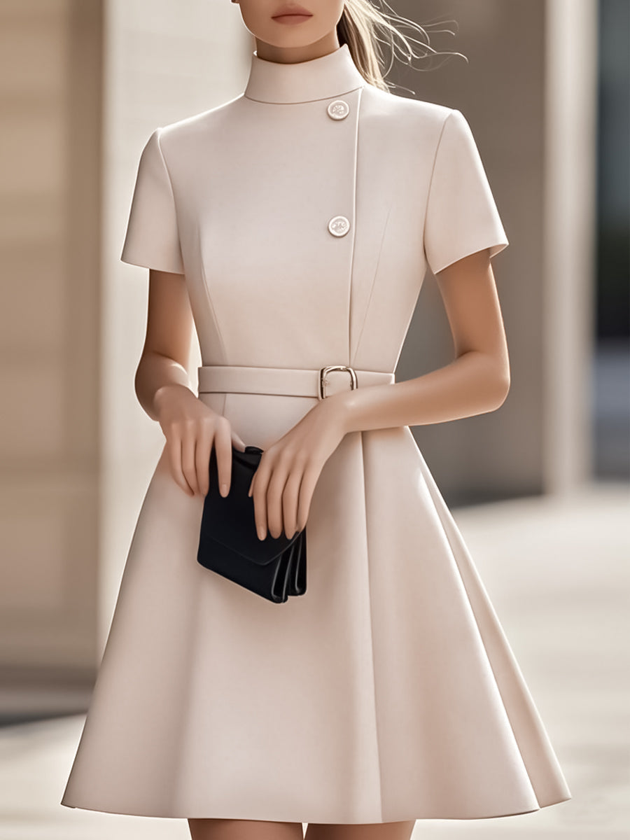 Anna-Berg | Elegant Black High-Neck Dress with Belted Waist