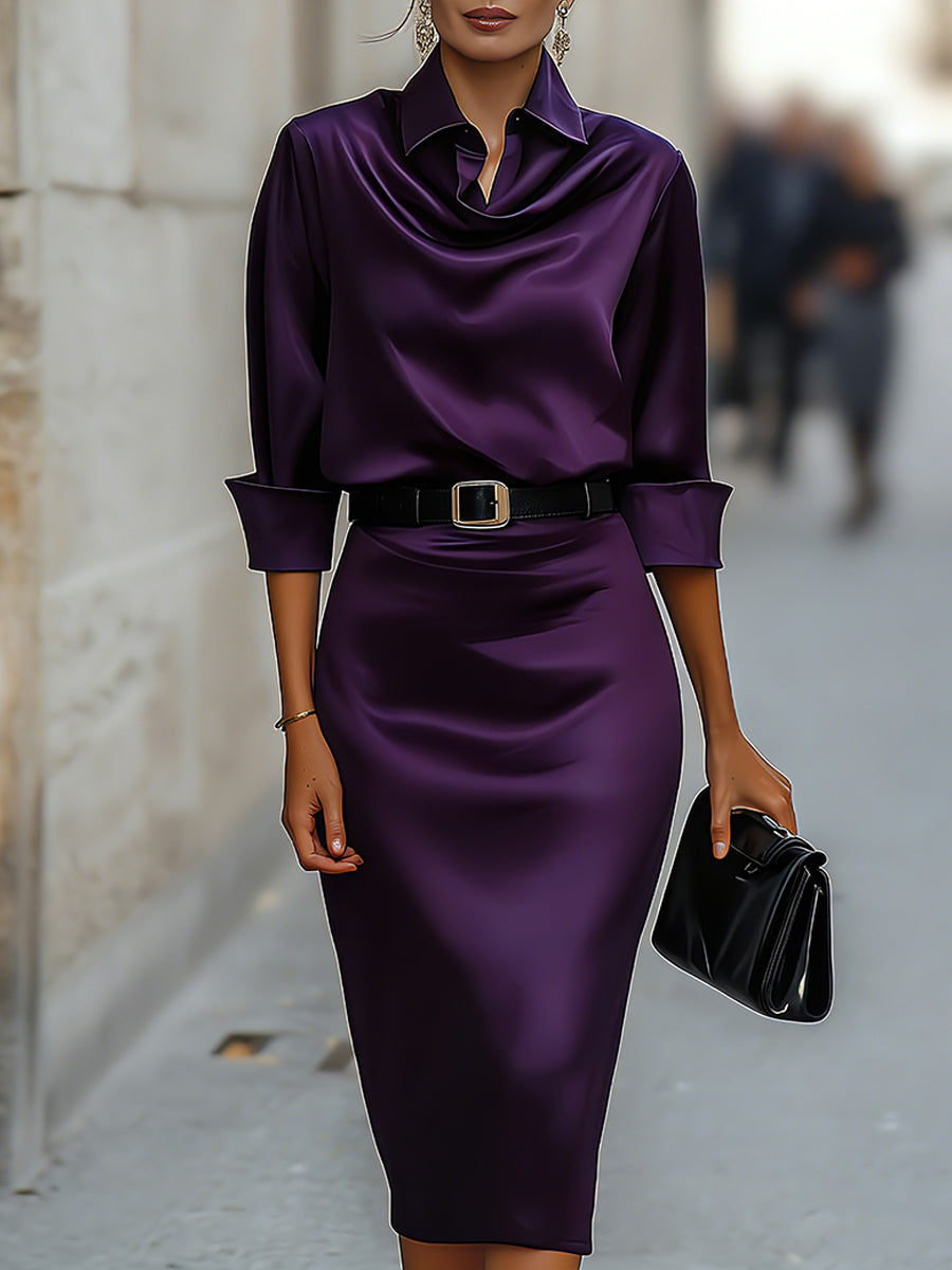 Anna-Berg | Elegant Satin Draped-Collar Midi Dress With Black Belt