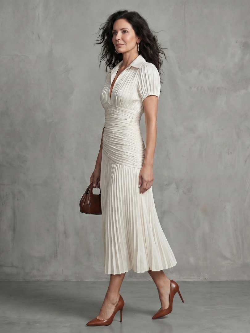 Anna-Berg | Flowing Pleated Waistline Stripe Midi Dress