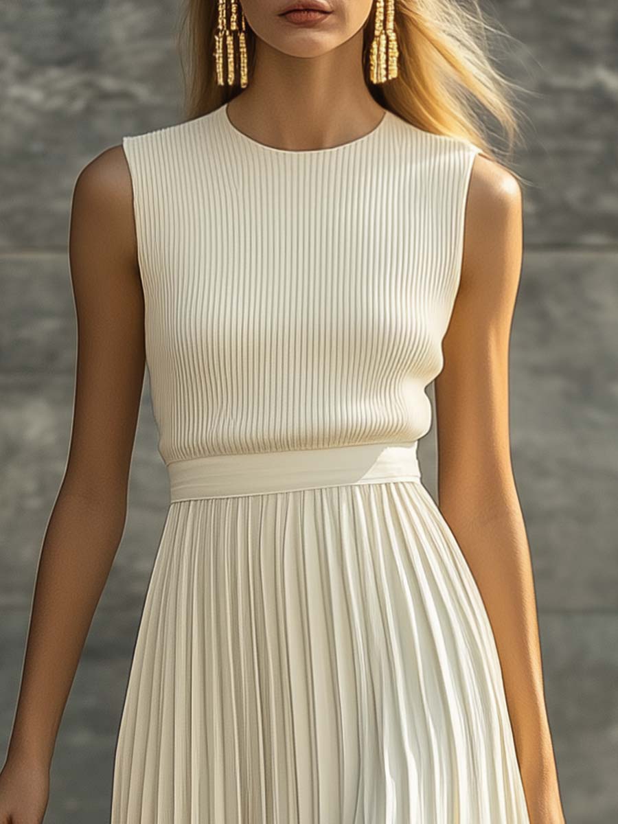 Anna-Berg | Cream Chiffon Pleated Casual Dress