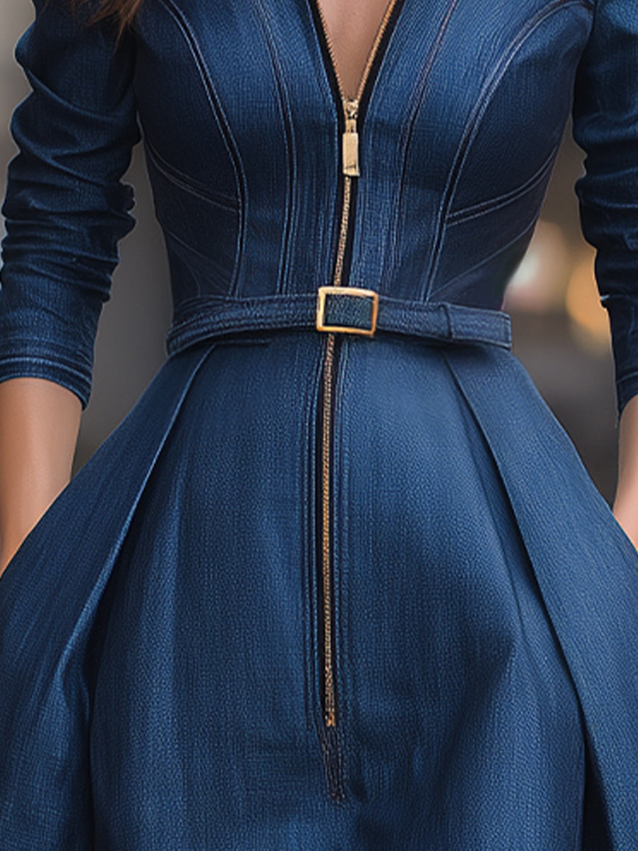 Anna-Berg | Elegant Zippered Belted Denim Midi Dress