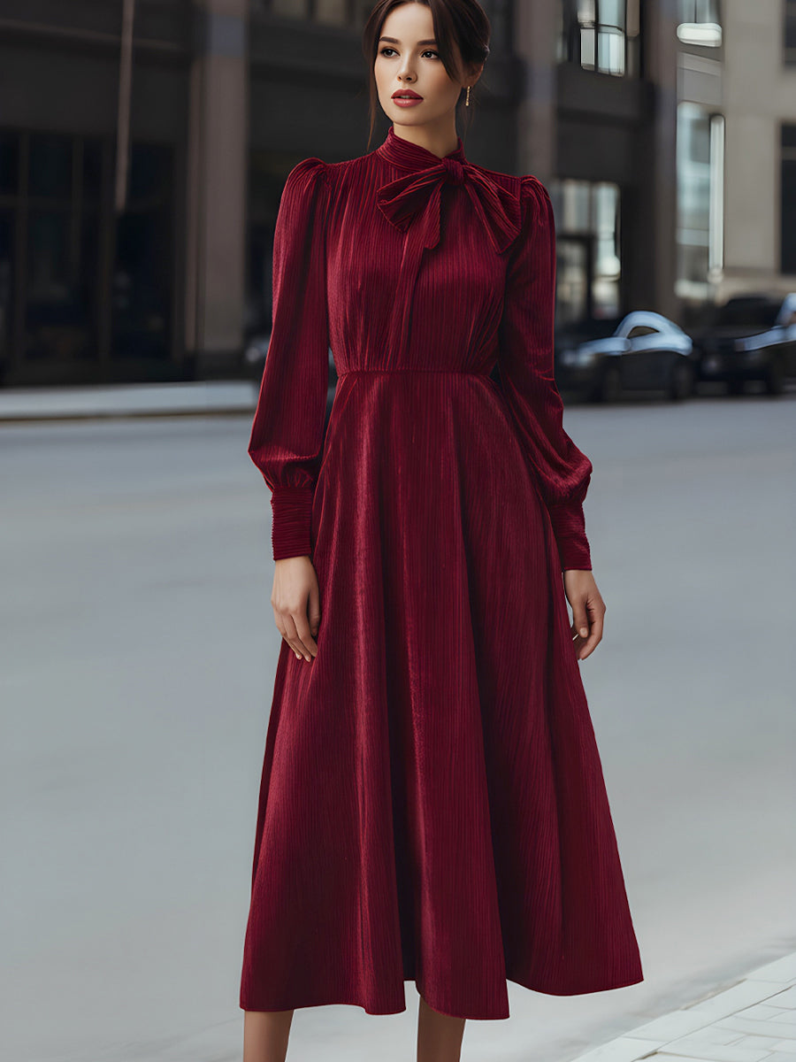 Anna-Berg | Velvet Pleated Bow-Neck Dress