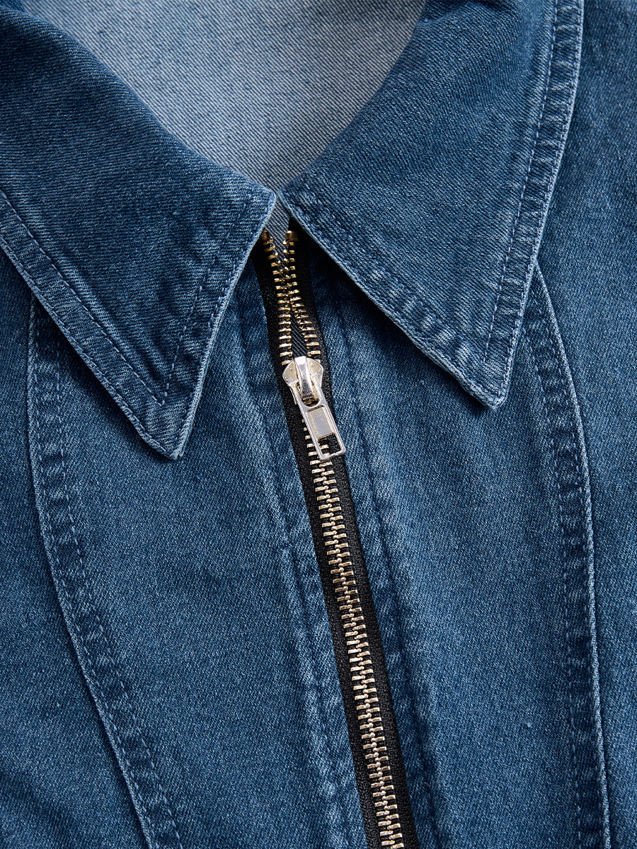 Anna-Berg | Elegant Zippered Belted Denim Midi Dress