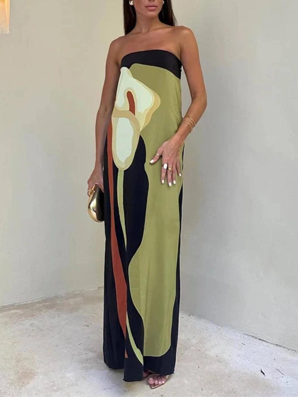 Anna-Berg | Chic Strapless Printed Maxi Party Dress with Graceful Drape