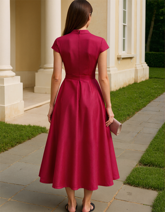 Anna-Berg | Red Satin V-Neck A-Line Floral Dress