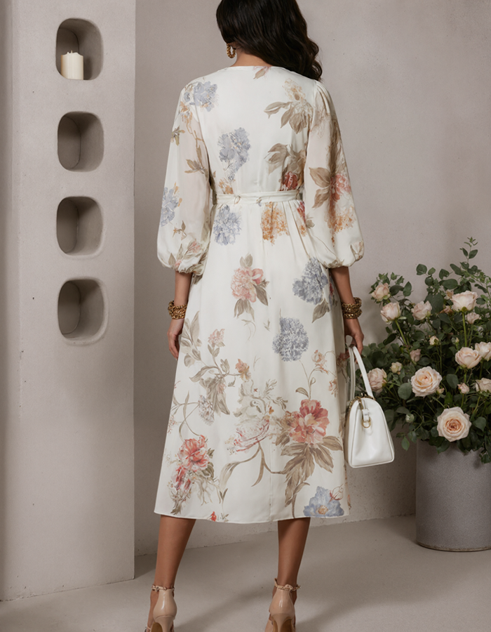 Anna-Berg | Ivory Chiffon V-Neck Printed Dress