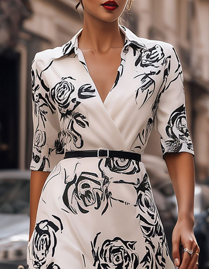 Anna-Berg | White Stand Collar Printed Wrap Dress