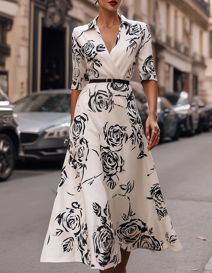Anna-Berg | White Stand Collar Printed Wrap Dress