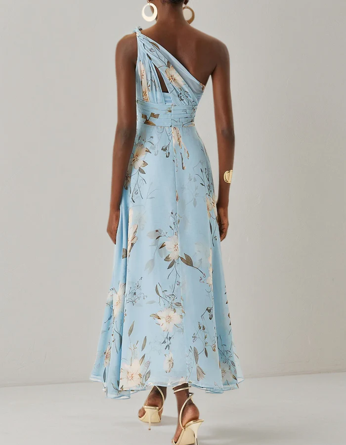 Anna-Berg | Light Blue Chiffon One-Shoulder Floral Dress