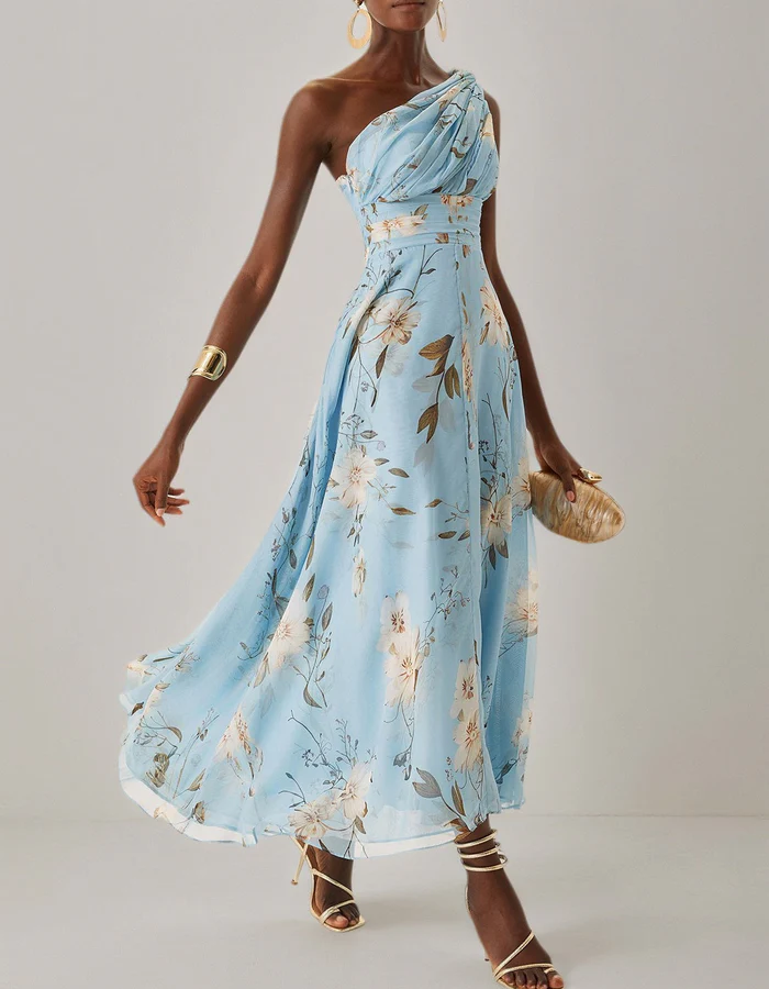 Anna-Berg | Light Blue Chiffon One-Shoulder Floral Dress