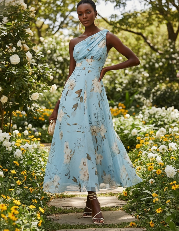 Anna-Berg | Light Blue Chiffon One-Shoulder Floral Dress