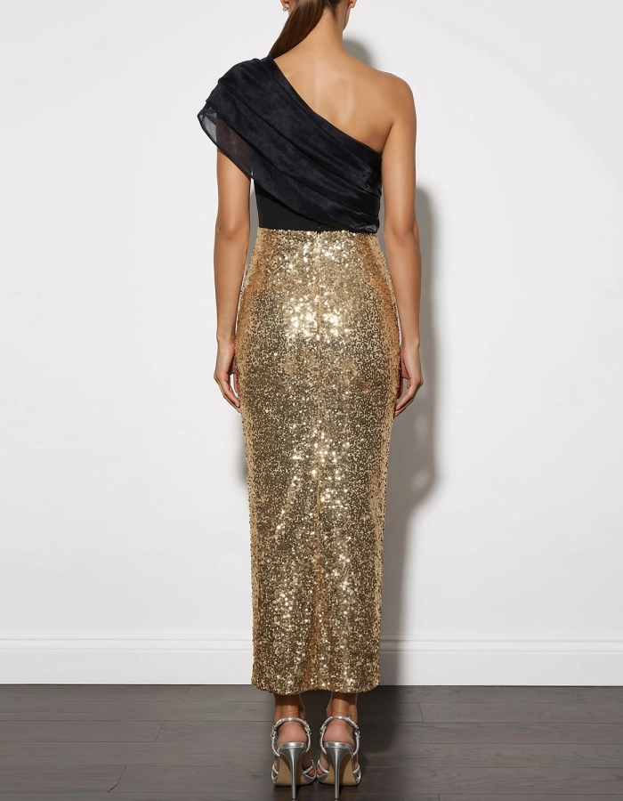 Anna-Berg | Gold Sequin One-Shoulder Ruffle Dress