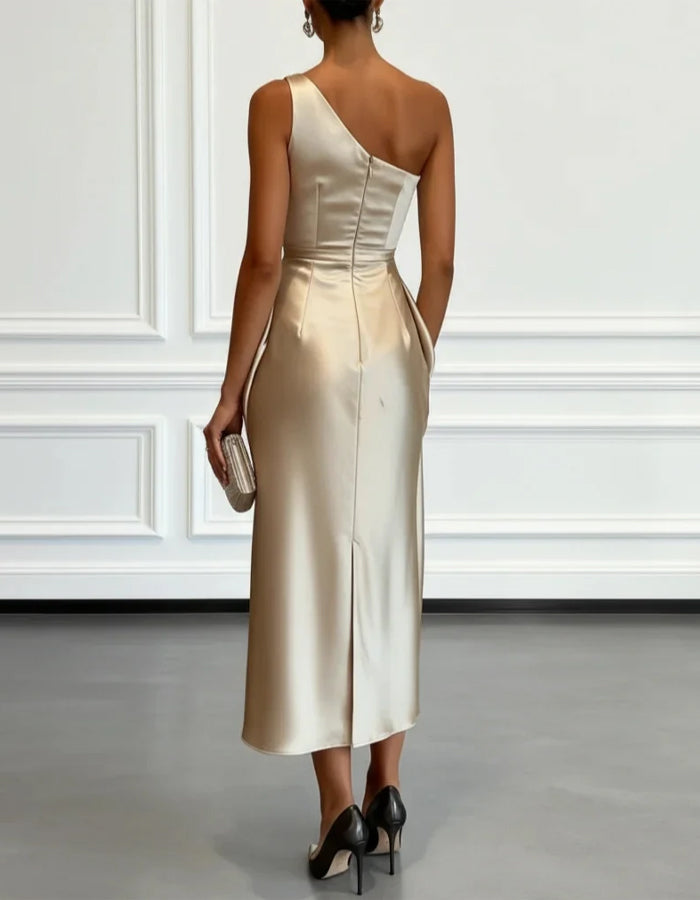 Anna-Berg | Champagne Satin One-Shoulder Pleated Dress