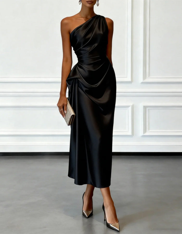 Anna-Berg | Champagne Satin One-Shoulder Pleated Dress