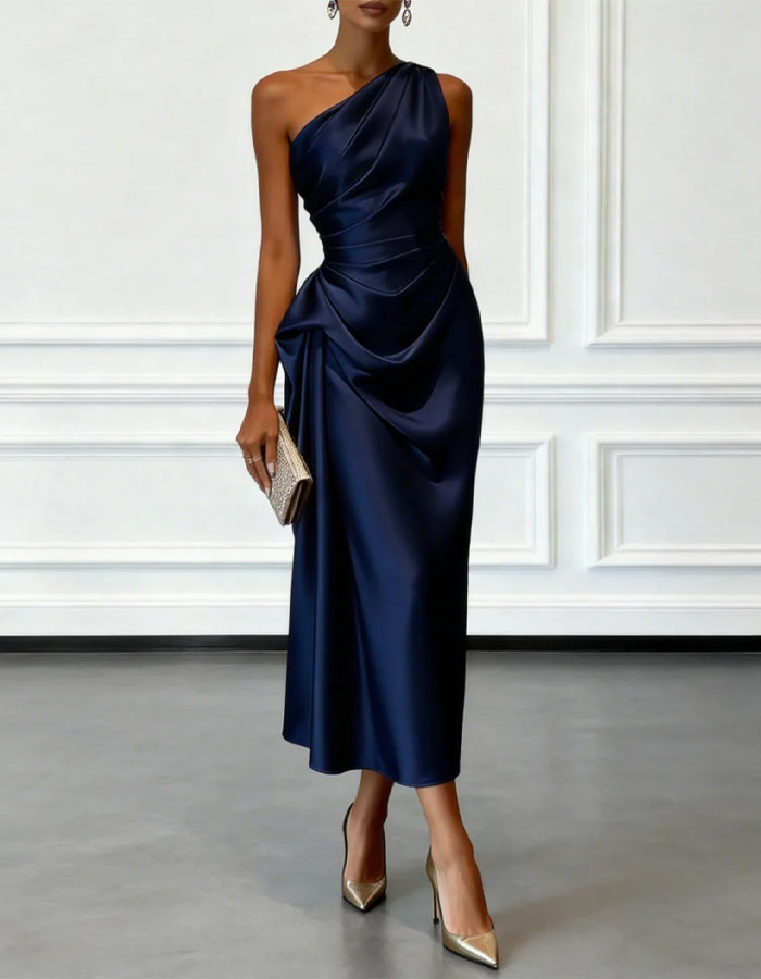 Anna-Berg | Champagne Satin One-Shoulder Pleated Dress