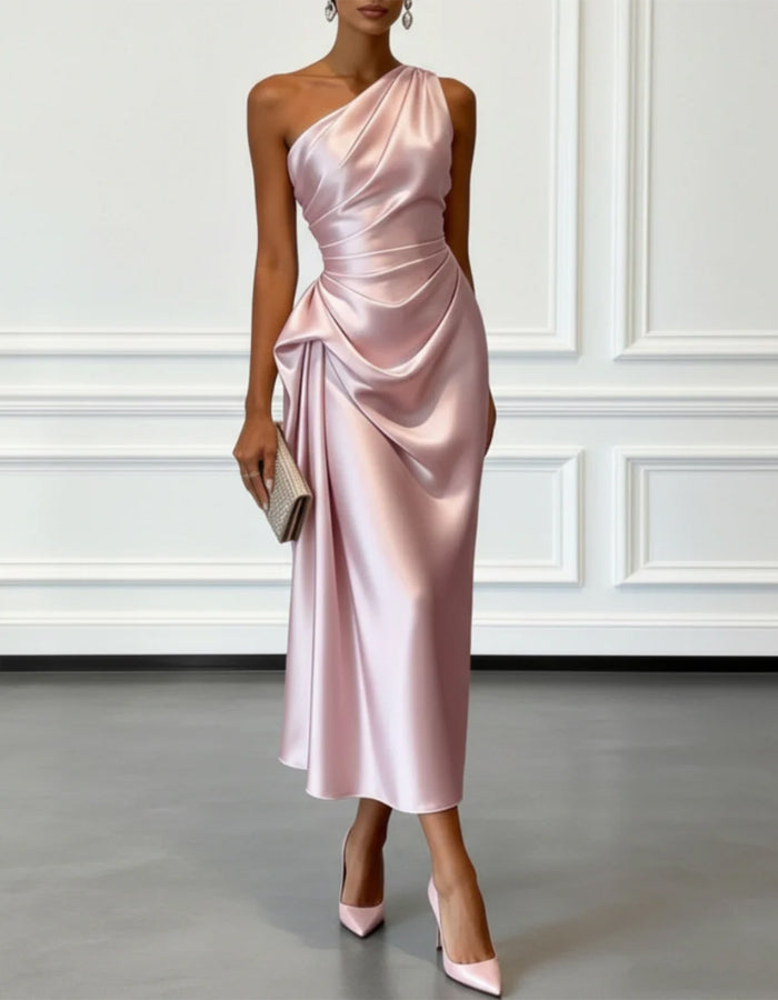 Anna-Berg | Champagne Satin One-Shoulder Pleated Dress