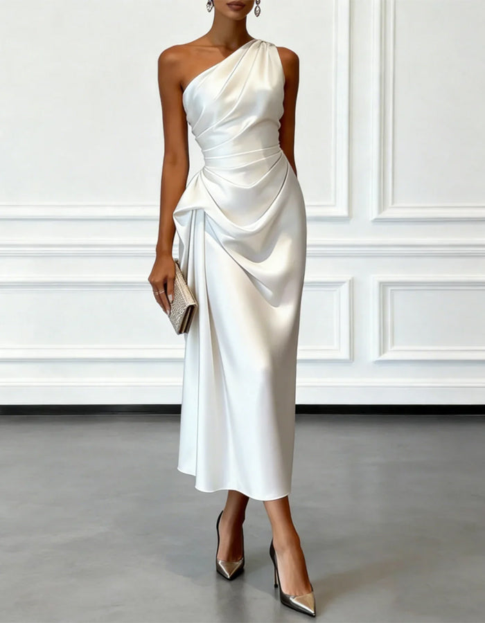 Anna-Berg | Champagne Satin One-Shoulder Pleated Dress