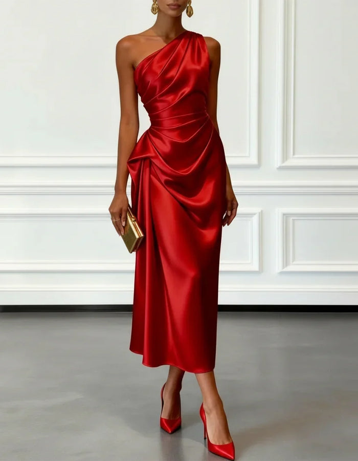Anna-Berg | Champagne Satin One-Shoulder Pleated Dress