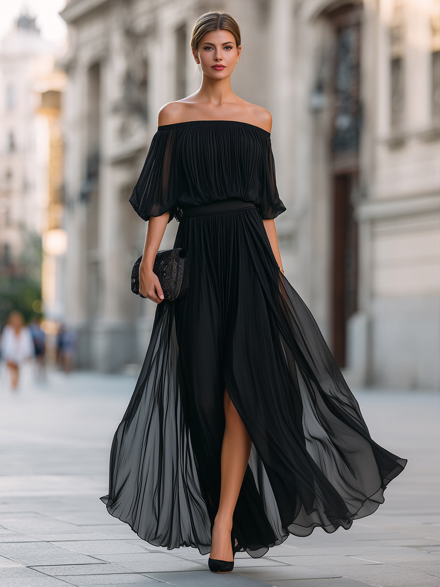 Anna-Berg | Off-Shoulder Pleated Chiffon Dress