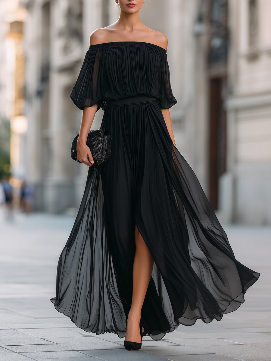 Anna-Berg | Off-Shoulder Pleated Chiffon Dress