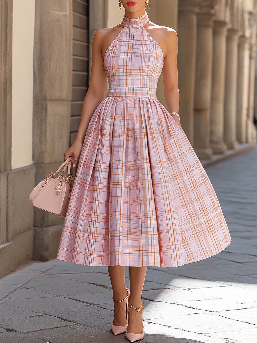 Anna-Berg | Halter High-Neck Plaid A-Line Midi Dress