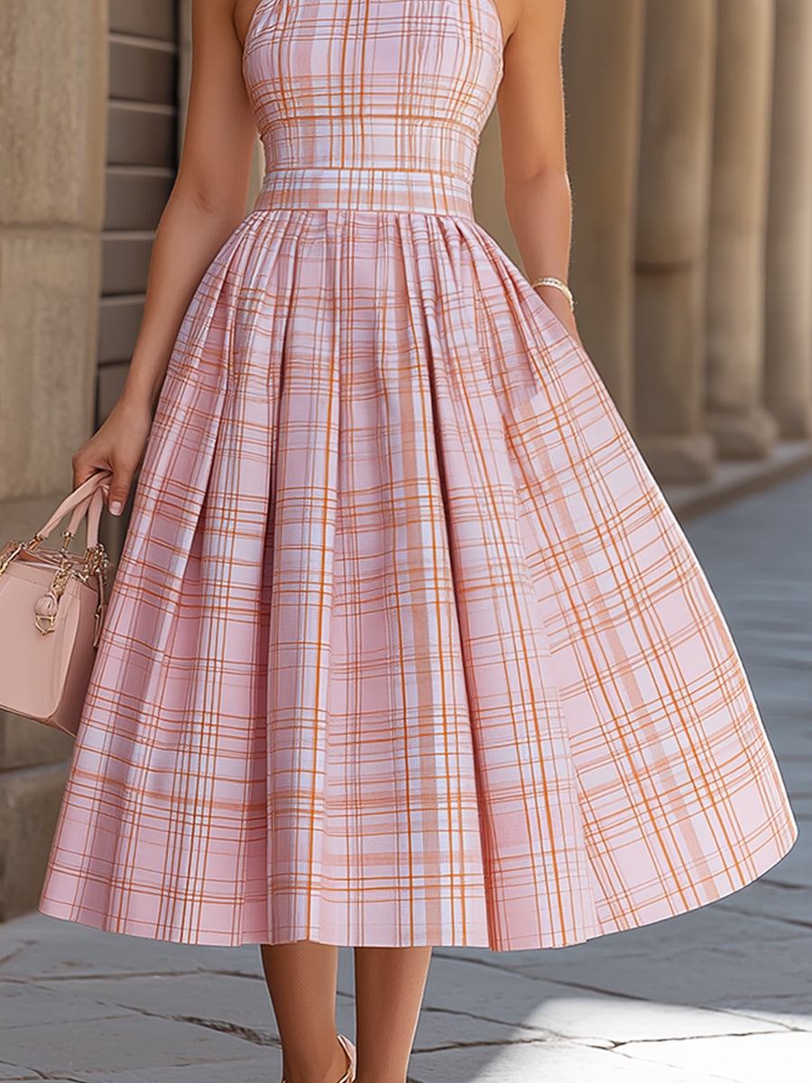Anna-Berg | Halter High-Neck Plaid A-Line Midi Dress