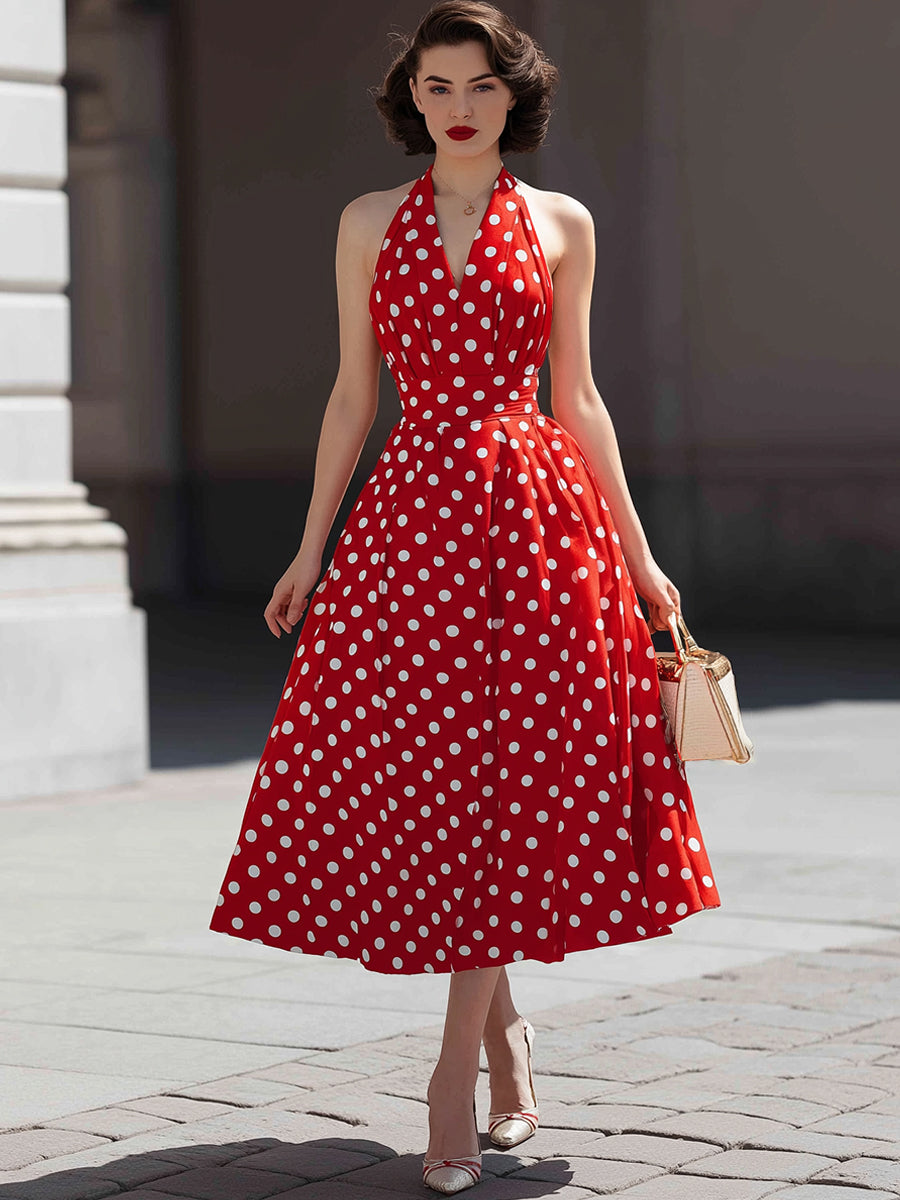 Anna-Berg | Halter V-Neck Polka Dot A-Line Midi Dress