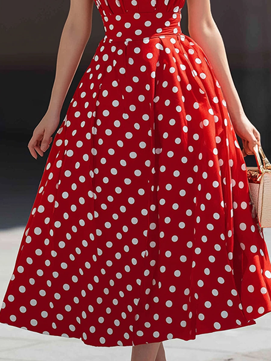 Anna-Berg | Halter V-Neck Polka Dot A-Line Midi Dress
