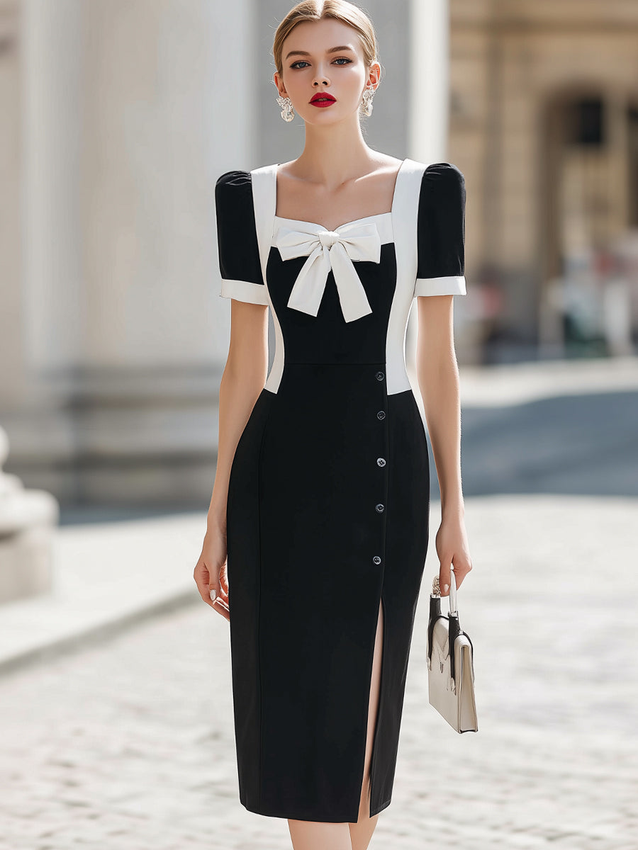 Anna-Berg | Elegant Color Block Bow Square Dress