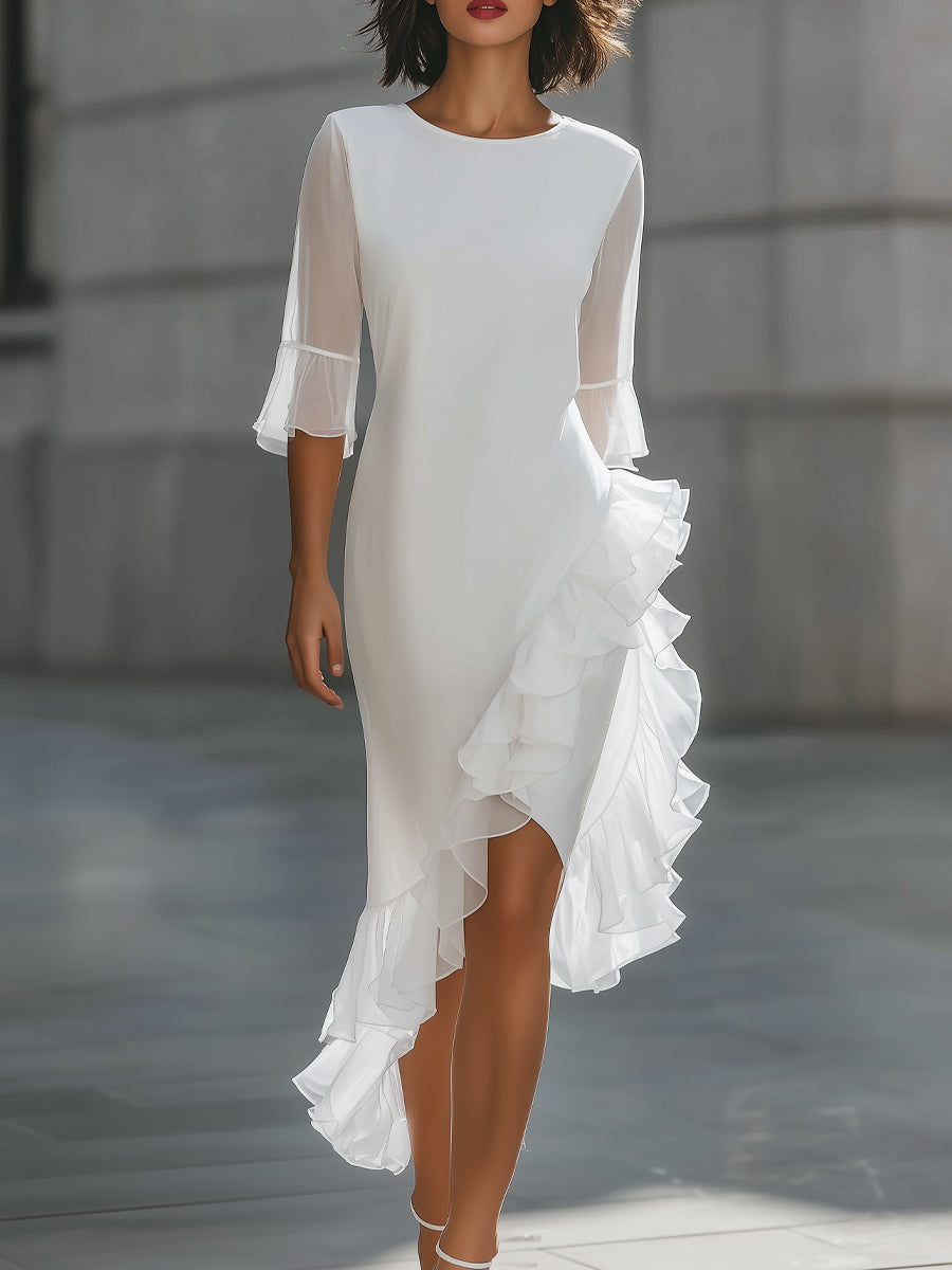 Anna-Berg | Asymmetric Ruffle Hem Sheer Sleeve Dress