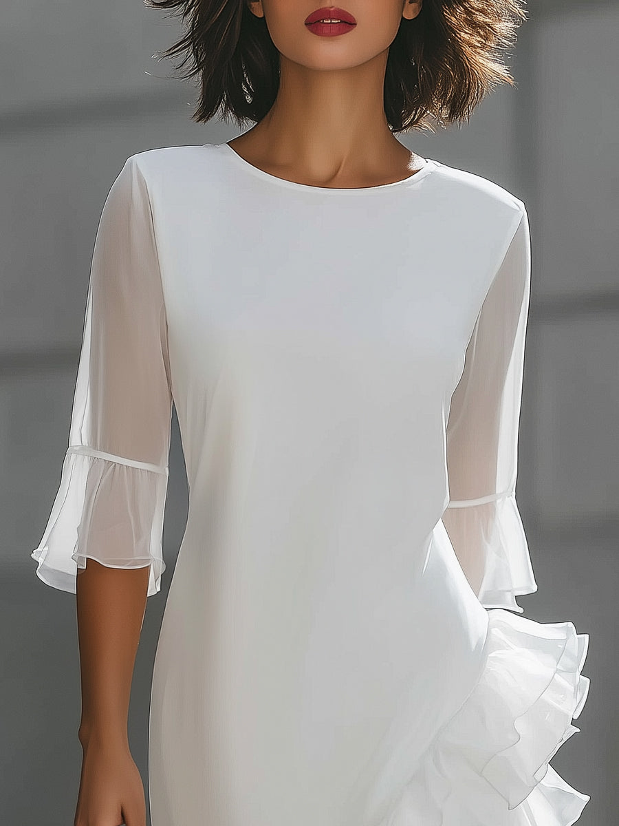Anna-Berg | Asymmetric Ruffle Hem Sheer Sleeve Dress