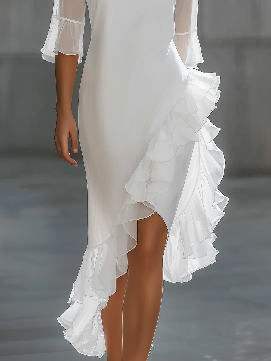 Anna-Berg | Asymmetric Ruffle Hem Sheer Sleeve Dress