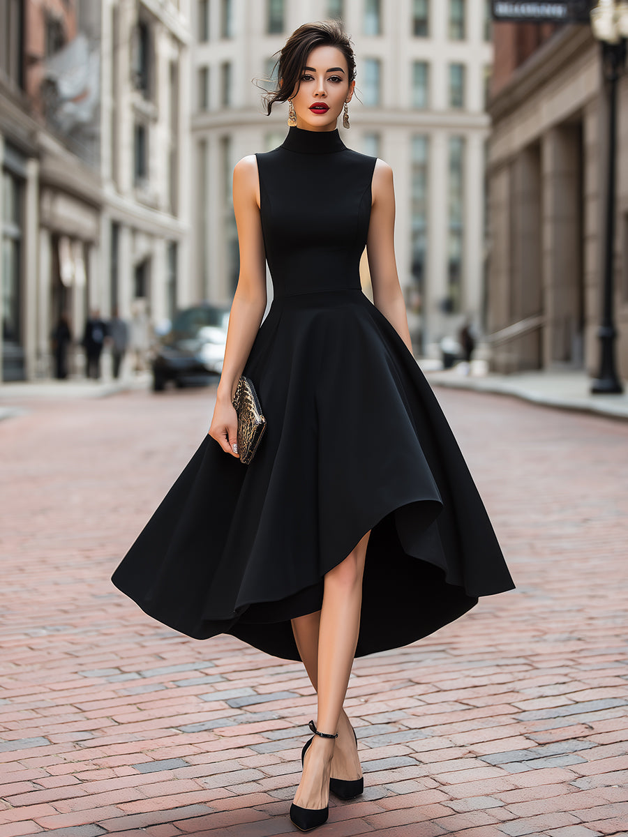 Anna-Berg | Sleeveless High-Neck Asymmetric Hem A-Line Dress