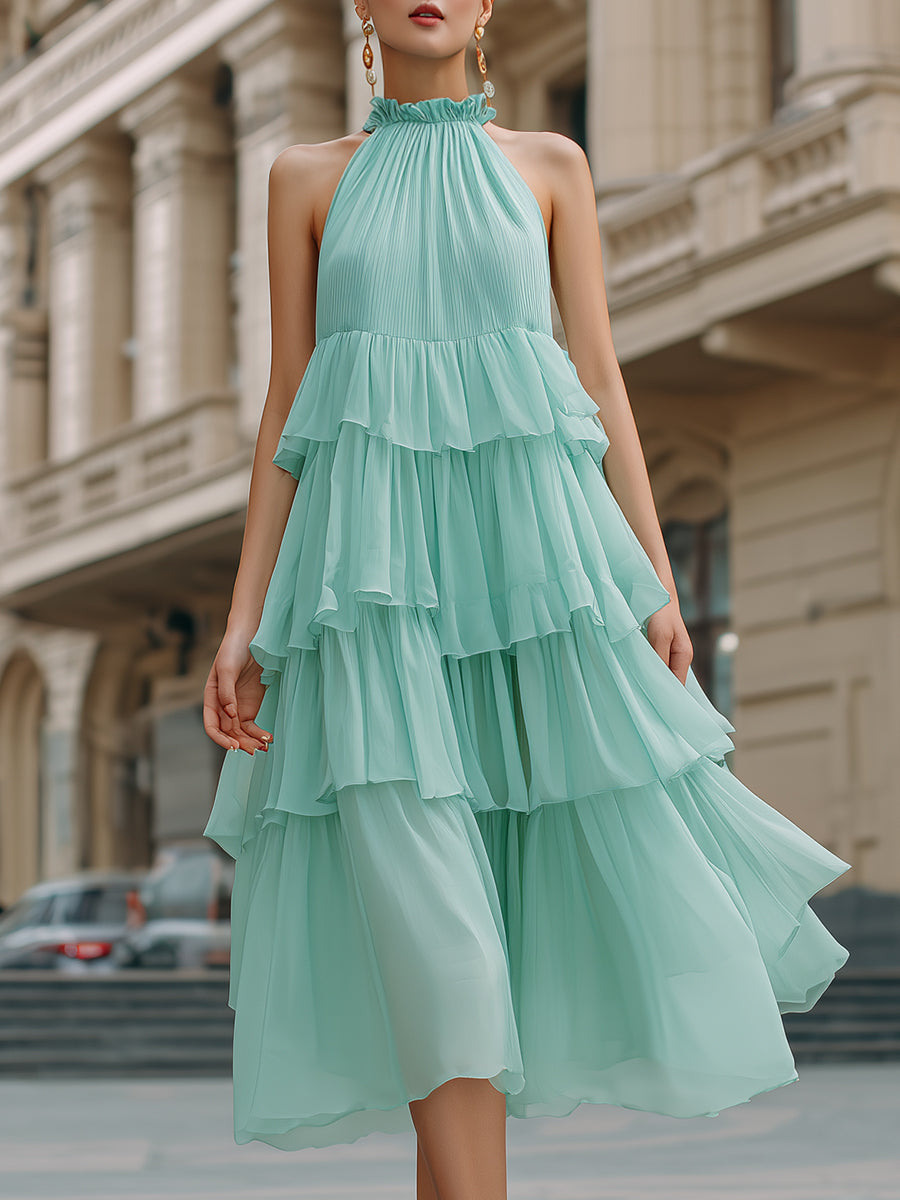 Anna-Berg | Halter Neck Tiered Ruffle Flowing Dress