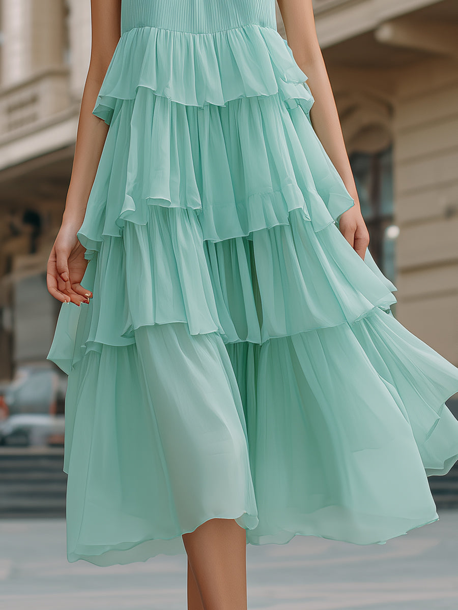 Anna-Berg | Halter Neck Tiered Ruffle Flowing Dress