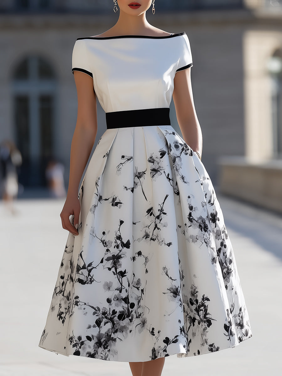 Anna-Berg | Elegant White Black Ink Floral Print Boat Neck Flared Midi Dress