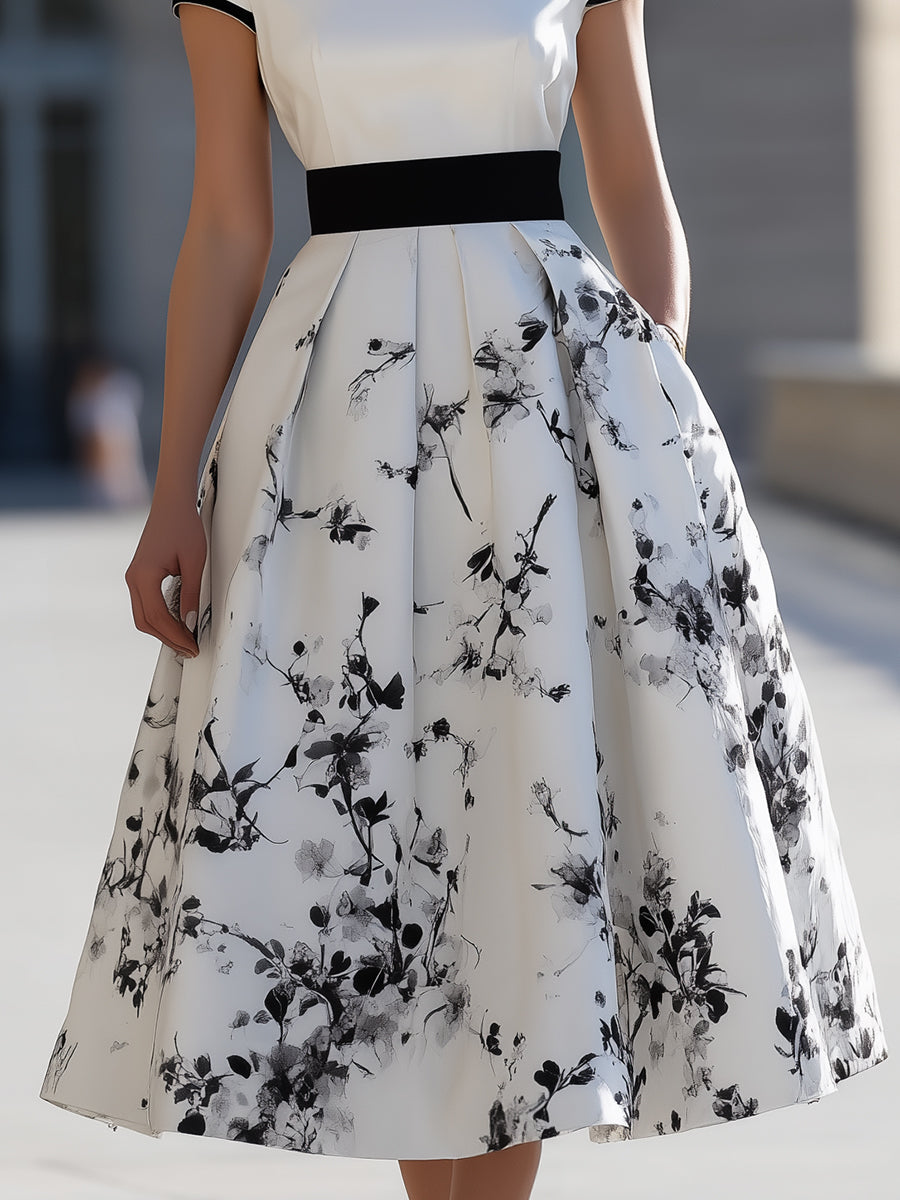 Anna-Berg | Elegant White Black Ink Floral Print Boat Neck Flared Midi Dress